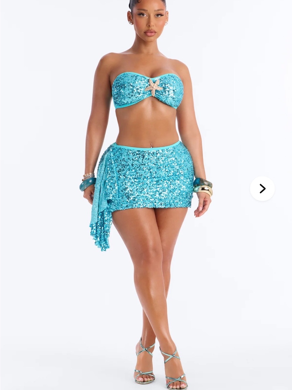 Fashion Nova Turquoise Sequin Bandeau Top & Mini Skirt Set